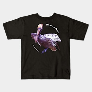 Brown pelican tropical bird pin white text Kids T-Shirt